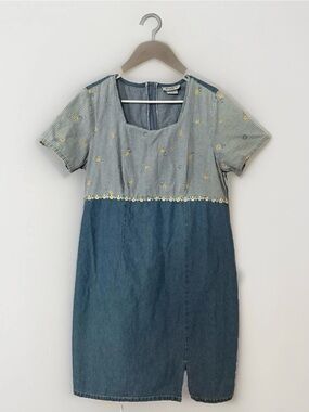 Vintage 90s Gingham Daisy Babydoll Blue Denim Mini Dress Sz 14 cottagecore